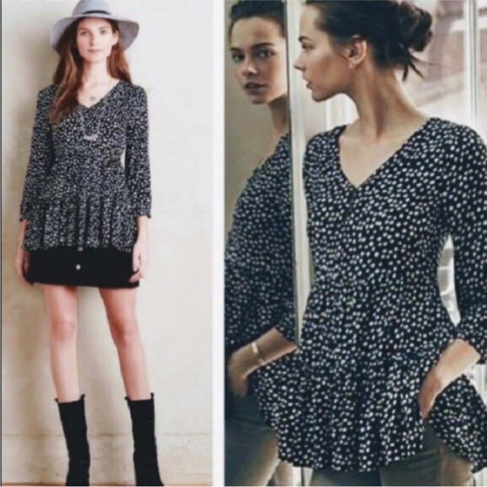 Anthropologie Maeve XS Lila Black White Polka Dot Tiered Tunic